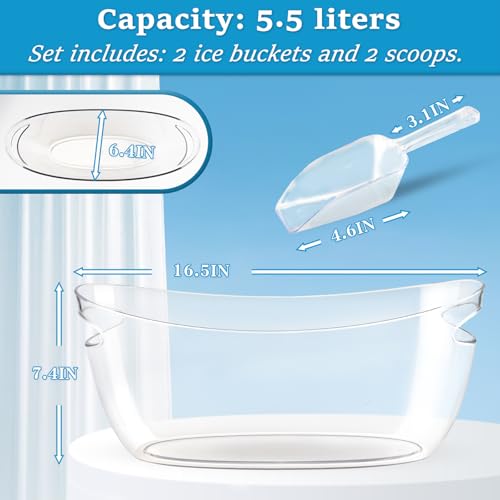 2Pcs Clear Ice Buckets for Parties, 5.5L Acrylic Champagne Bucket with Scoop, Mimosa Bar Supplies, Plastic Tub for Drinks,...