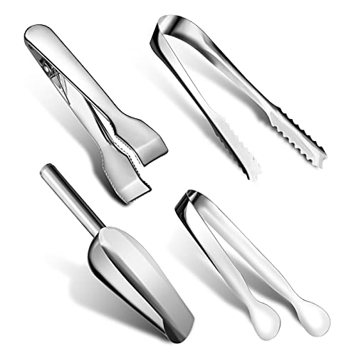 Sieral 4 Pieces Silver Ice Tongs and Scoops for Ice Bucket Stainless Steel Versatile Serving Tongs with Teeth Shovel Scoop...