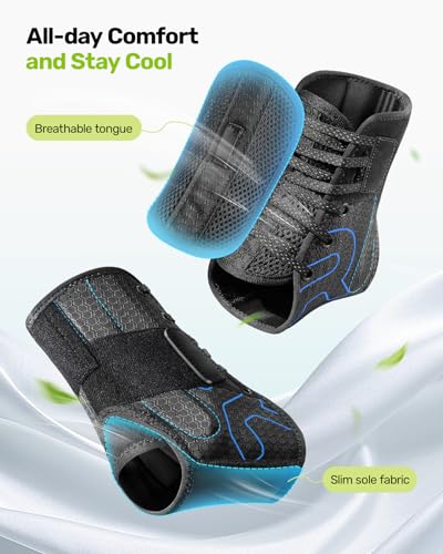 Rakiie Quick Lace Up Ankle Brace with 2 Metal Support Stays, Breathable Stabilizer for Sprained Ankle, Slim Fit Ankle Supp...