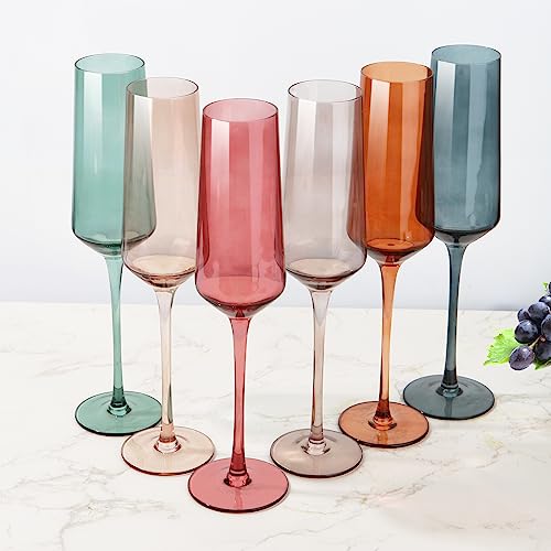 Colored Champagne Flutes Set of 6, Large 8 Oz Hand Blown Crystal Glasses, Lead-Free Colorful Glasses, Italian Style Tall S...