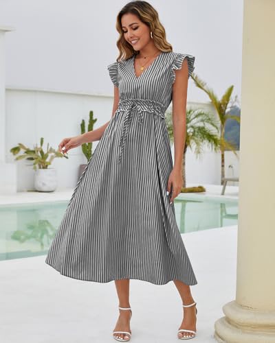 Bsubseach 2026 Cap Sleeve Cover Up Women Striped V Neck Beach Maxi Dress Drawstring Bathing Suit Coverups Swimwear