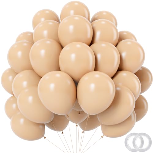PatiCool Nude Balloons - 12 inch 100pcs Latex - Round Neutral Boho Birthday with 2 Ribbons, Helium Apricot Balloons for Bi...
