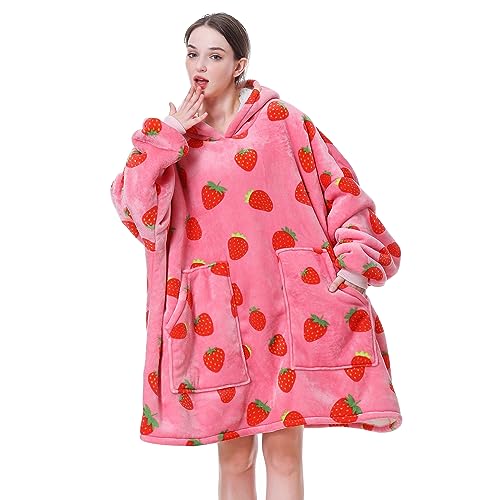 Aemicion Strawberry Blanket Hoodie,Oversized Sherpa Wearable Hooded Blanket,Warm Cozy Sweatshirt Gifts for Women Girls Adult