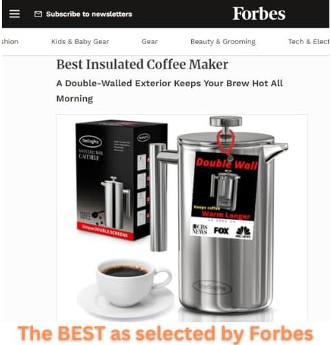 Stainless Steel French Press Coffee Maker Large 1.5 L(51 oz) Gray – Durable Double Walled Insulated Coffee Press Keeps Drinks Hot, Easy to Use and Clean Stylish Design for Rich Flavor