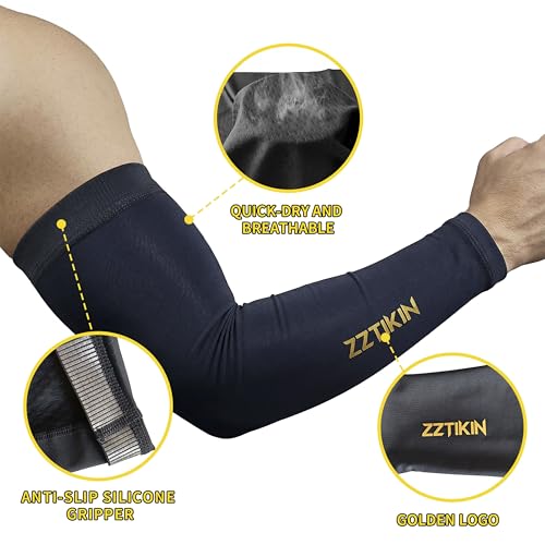ZZTIKIN Compression Arm Sleeves(2 Pieces), Black, Anti-Slip Silicone Gripper, Sports Performance