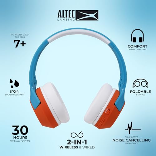 Altec Lansing Kid Safe Noise Cancelling Wireless Headphones 15H Battery, 85dB Volume Limit, Foldable Design Powerful Soun...