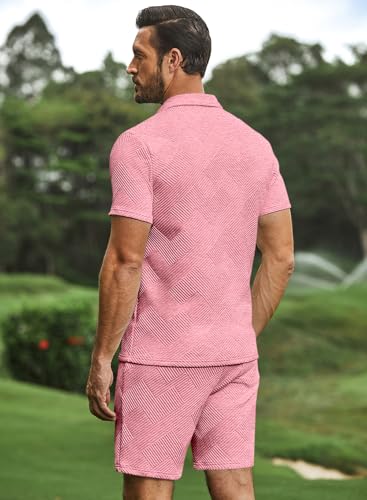 JMIERR Men's Tracksuits 2 Piece Outfits Casual Sweatsuit Textured 1/4 Zip Short Sleeve Golf Polo Shirt and Short Sets