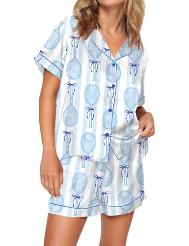 SHESHOW Pajamas for Women Set Satin Button Down Short Sleeve Top and Shorts Pjs Sets Sport Ball Print Sleepwear XS-XXL