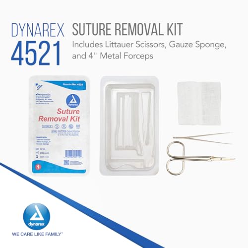 Dynarex Suture Removal Kits, Sterile, Acts as a Staple and Suture Extractor for a Near Painless Experience, Includes Littauer Scissors, Gauze Sponge, and 4" Metal Forceps, Case of 50