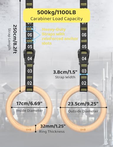GHB Gymnastic Rings Wooden Gym Rings 1.25" Olympic Rings Adjustable Straps Pull Up Rings Sets for Workout Bodyweight Fitne...