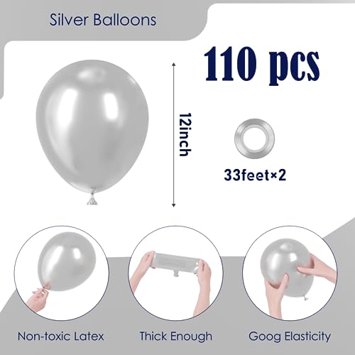 Voircoloria 110pcs Metallic Silver Balloons 12inch Chrome Silver Latex Party Balloons for Graduation, Wedding, Birthday, N...