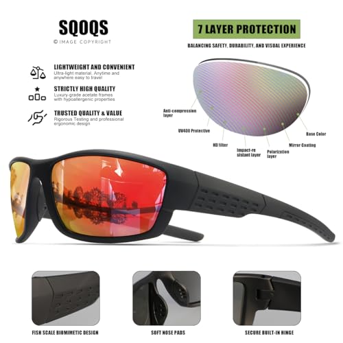 SQOQS Polarized Sports Sunglasses Men UV400 Protection Lightweight Wrap Around Goggles for Cycling Fishing Driving Running