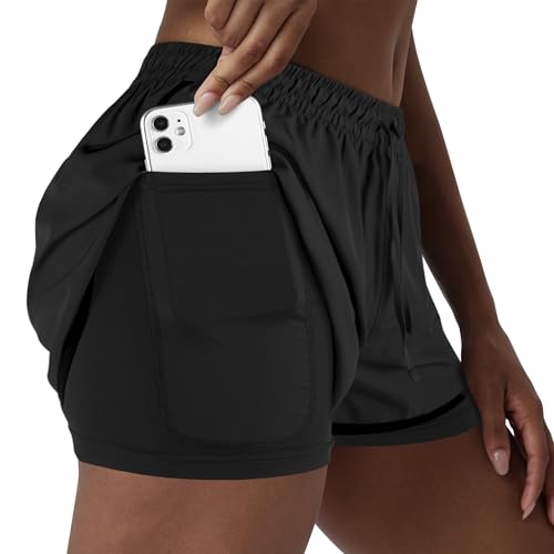 Yevrimow Women's 2 in 1 Running Shorts for Gym Yoga Workout Athletic Shorts High-Waisted Shorts with Liner Pockets