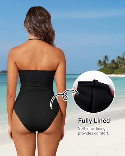 Holipick Women Tummy Control One Piece Swimsuits Strapless Bandeau Bathing Suits Slimming Halter Swimwear