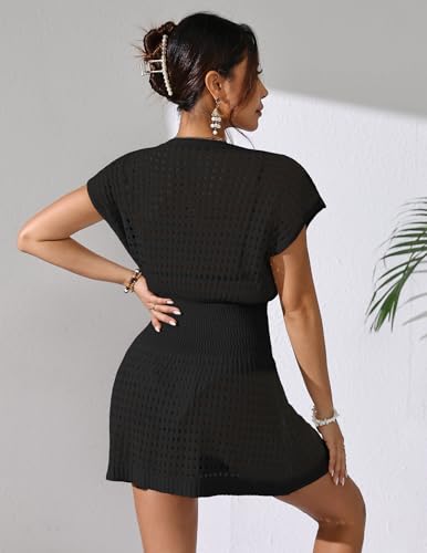 BreathSunny Womens Crochet Knit Slim Fit Beach Coverup Dress Summer 2025 V Neck Button Cap Sleeve Bathing Suit Cover Up