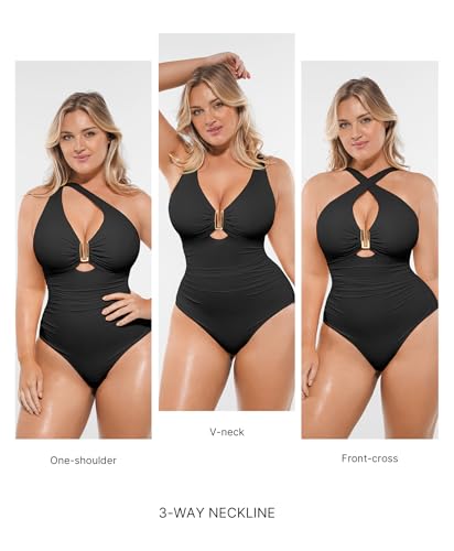 SHAPELLX Tummy Control Swimsuits One Piece V Neck Slimming Bathing Suit for Women Cutout Ruched Shapewear Swimwear