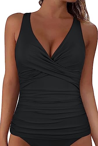 Firpearl Women Underwire Tankini Top Only Twist V Neck Swimsuits for Big Busted Ruched Tummy Control Bathing Suits Top