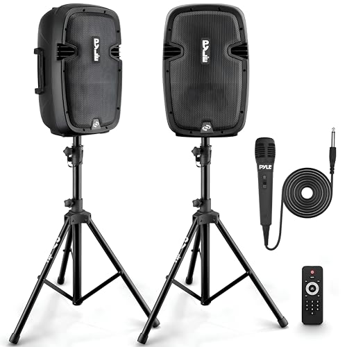 Pyle Portable Bluetooth PA Speaker System Kit - 700W Powered Active & Passive 8" Speakers with Stands, Wired Microphone, R...
