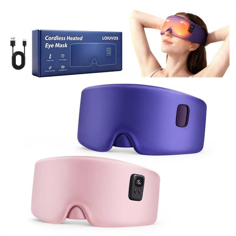 Heated Eye Mask for Dry Eyes, Cordless Warm Eye Compress 120-Min Battery, Eye Strain Relief, Washable Silk Travel Eye Mask with Extra Cover for Better Sleep (Pink & Purple)