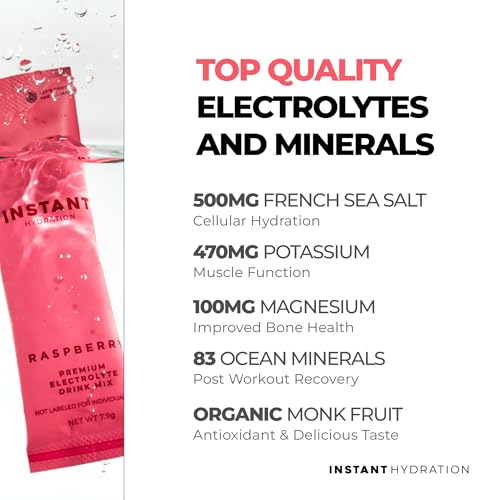Instant Hydration Electrolytes Powder Packets - Raspberry Electrolyte Drink Mix - Zero Sugar - Keto, Vegan, Gluten-Free, N...