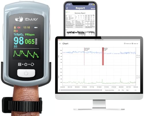 EMAY Sleep Oxygen Monitor with PC Software & App | Bluetooth Pulse Oximeter Rechargeable for Overnight & Continuous SpO2 T...