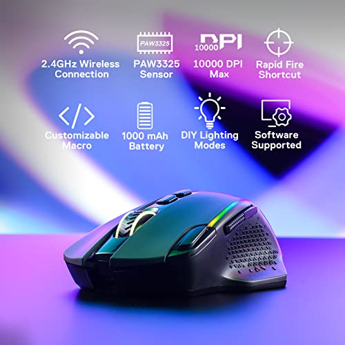 Redragon M810 Pro Wireless Gaming Mouse, 10000 DPI Wired/Wireless Gamer Mouse w/Rapid Fire Key, 8 Macro Buttons, 45-Hour R...