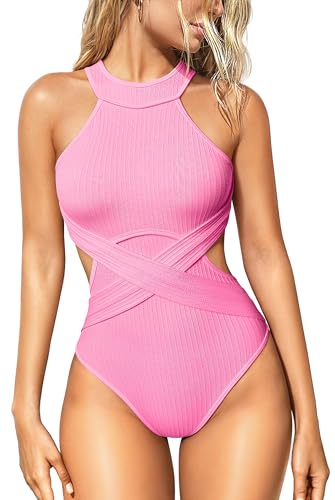OQQ Women's One Piece Swimsuits Tummy Control High Waisted Cross Bathing Suit Wrap Tie Back 1 Piece Swimwear