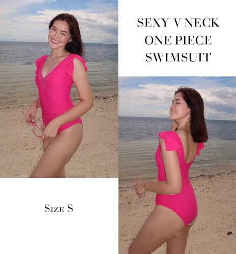 AI'MAGE One Piece Swimsuits for Women Sexy Mesh Deep V Neck Bathing Suit Ruffle Cap Sleeve Tummy Control Swimwear S-XXL