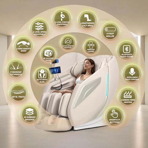 HealthRelife 4D Massage Chair Full Body Zero Gravity Recliner - 55“ SL-Track,15 Auto Modes,11 Massage Technique,40 Airbags...