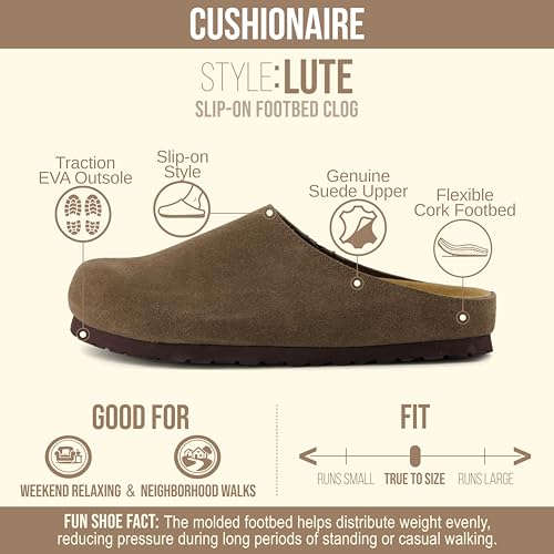 CUSHIONAIRE Lute Genuine Suede Leather Clogs for Women Indoor and Outdoor – Comfortable Slip On Womens Clogs with Cushione...
