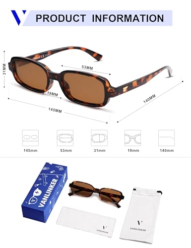 VANLINKER Retro Rectangle Polarized Sunglasses for Women Men Small 90s Style Vintage Trendy Narrow Rectangular Frame VL9813