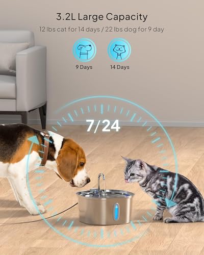 PEKTACO Stainless Steel Cat Water Fountain, 3.2L/108oz Cat Water Dispenser with Ultra-Quiet Water Pump and Water-Level Win...