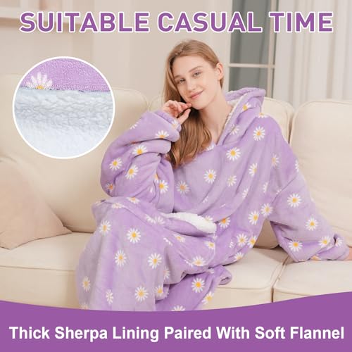 Wearable Blanket Gift for Women & Men Sherpa Flannel Blanket Hoodie Long Warm and Cozy Blanket with Giant Pocket，Daisy