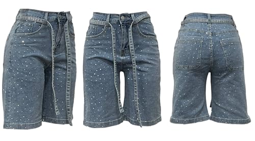 Vakkest Women's Sparkly Rhinestone Jean Shorts Bermuda Baggy Straight Leg Denim Shorts Shiny Glitter Party Y2k Outfits