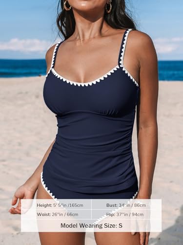 CUPSHE Women's Tankini Sets Two Piece Swimsuit Scoop Neck Tummy Control Adjustable Straps Shell Stitched