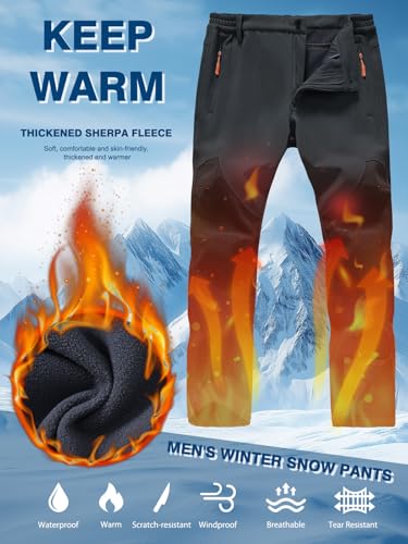 SPOSULEI Mens Ski Waterproof Insulated Pants Fleece Lined Softshell Snow Hiking Snowboard Outdoor Pants with Zipper Pockets