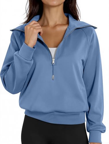 Women's Cropped Half Zip Pullover Quarter Zipper Long Sleeve Sweatshirt for Casual Wear