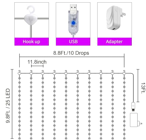 16 Colors Changing Curtain Lights - 250 LED 9.8 X 8.8 FT Fairy String, 7 Modes Twinkle with Remote, Backdrop Wall Hanging ...