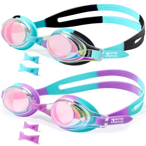 Water Space Kids Goggles, 2 Pack Swim Goggles for Kids Boys Girls Toddler Age 3-15, Clear View Anti-fog UV Protection No Leak