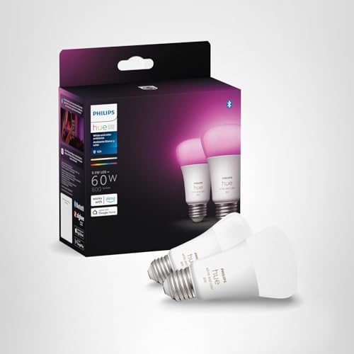 Philips Hue Smart 60W A19 LED Bulb - White and Color Ambiance Color-Changing Light - 2 Pack - 800LM - E26 - Indoor - Control with Hue App - Works with Alexa, Google Assistant and Apple Homekit