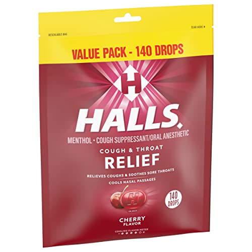 Halls Relief Cherry Cough Drops, Value Pack, 140 Drops (Pack of 2)