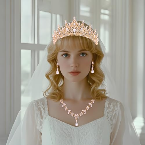 Feltent Tiaras and Crowns Jewelry Set for Women Tiaras Earrings and Necklace for Wedding Rhinestone Crystal Bridal Jewelry...