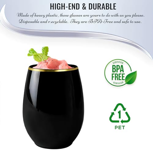 Black Stemless Plastic Wine Glasses With Gold Rim Design (12 Oz.) - Pack Of 16 - Disposable & Chic, Perfect For Parties, W...