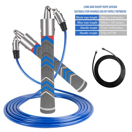 Weighted Jump Rope for Men Women with 110"&102" Abrasion-resistant Cable, Φ=6mm Crossropes jump rope with Rubber Grip,360 ...