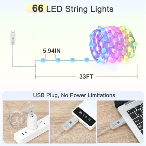 KepStars 33ft Globe String Lights, 66 LED RGB Color Changing String Fairy Lights, Smart APP & IR Remote Control, 200+ Scen...