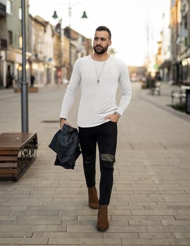 Ekouaer Men's Long Sleeve Shirts Ribbed Pullover Tees Sim Fit Thermal Tops Crew Neck Stretchy Undershirts S-3XL
