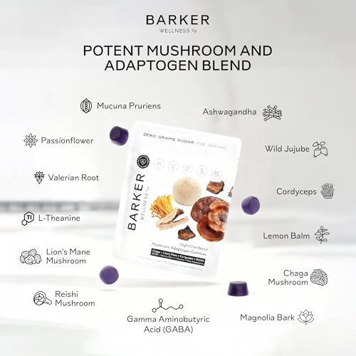 Barker Wellness Nighttime Vegan Sugar-Free Adaptogen Mushroom Gummies – Reishi, Lion's Mane, Chaga, Cordyceps for Calm, Re...