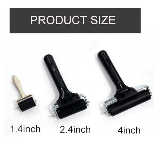 3-Pack Hard Rubber Brayer Rollers, 1.4/2.4/4 Inch for Printmaking, Ink Stamping, Gluing, Wallpaper, Anti-Skid Tape Applica...