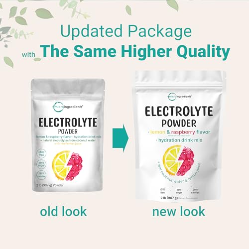 Micro Ingredients Electrolyte Powder, 2 lbs (139 Servings) | Lemon Raspberry Flavor | High Potassium (1,000mg) + Coconut W...
