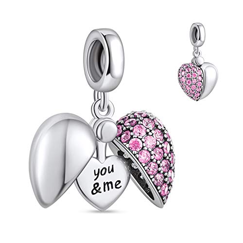 NINGAN You & Me    Pink Heart Pendant Love Charm 925 Sterling Silver Dangle Charms Compatible with Major European Bracelets & Ne